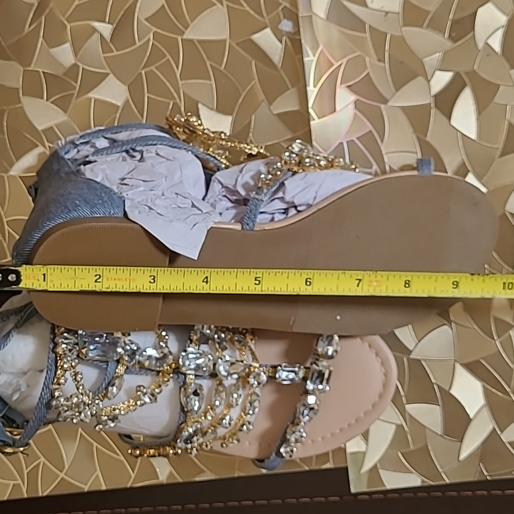 Shoe Dazzle Gold Crystal & Denim Gladiator Sandals - Picture 11 of 12